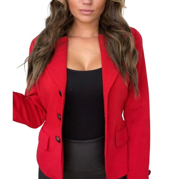 Marie Clair Fiala Women Vintage Classic Red Button Front Blazer Leather Collar - Picture 4 of 12